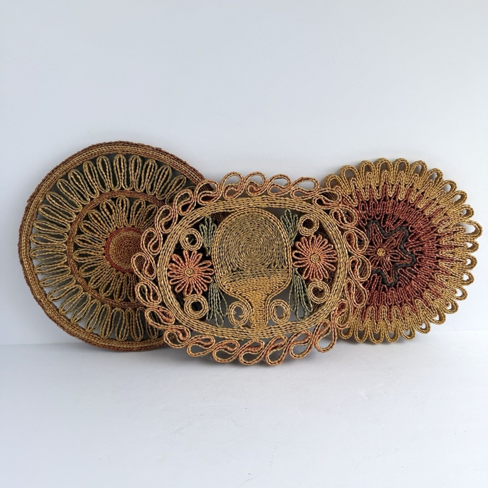 Vtg Raffia Straw Wicker Rattan Trivets Hot Pad Wall Decor Boho 3 Pc Cottagecore
